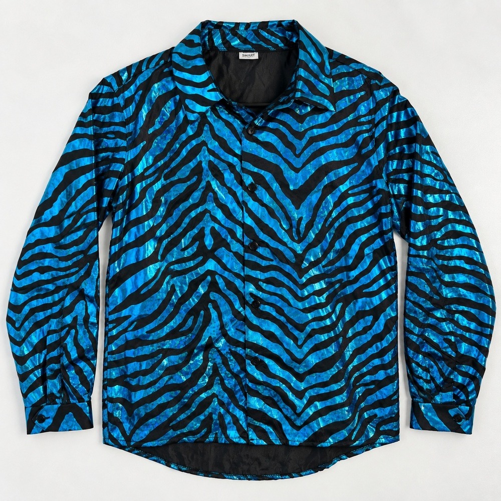 Blue Metallic Zebra Print Button Down Shirt Holographic L Maximalist Dopamine